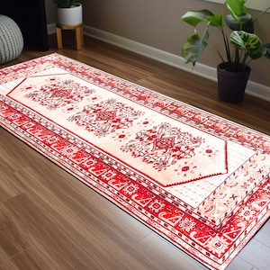 Tapete boho, tapete rosa, tapete de corredor, tapete estampado, tapete com padrão vintage, tapete de algodão, tapete com bordas, tapete ecológico, tapete tradicional, tapete de área