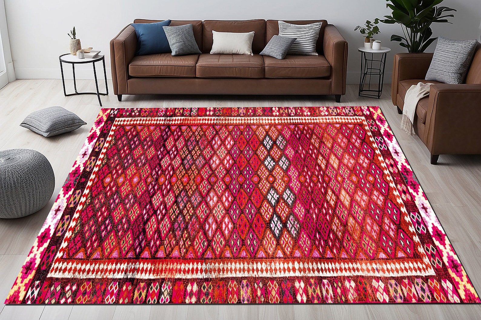 Pink Area Rug, Bohemian Rug, Entrance Rug, Vintage Pattern Rug, Ikat ...