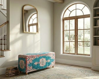 Almacenamiento oriental en verde azulado, Banco suave al tacto, Cómoda de noche, Decoración de dormitorio con tocador, Banco nómada, Mueble utilitario, Baúl art déco, 114-01
