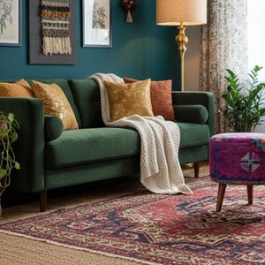 Colorful Boho Makeup Stool – Round Kilim Ottoman Pouf with Wood Legs – Handmade Footstool for Vanity or Living Room Decor, 142-01