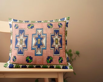 oreiller oriental, oreiller bleu rose, taie d'oreiller bohème, taie d'oreiller ikat, oreiller nomade, coussin de banc, coussin de sol, oreiller contemporain,