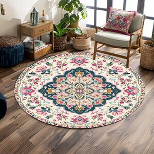 Floral circle rug, Housewarming rug, Pretty rug, Mandala rug, Chic rug, Maximalist rug, Small space gift, Textured rug, Nook rug, Bath rug