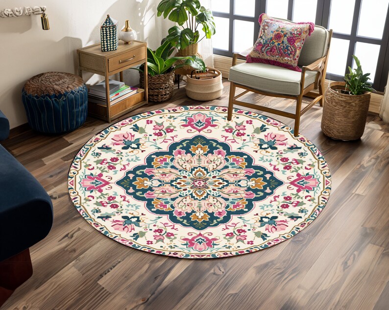Floral circle rug, Housewarming rug, Pretty rug, Mandala rug, Chic rug, Maximalist rug, Small space gift, Textured rug, Nook rug, Bath rug