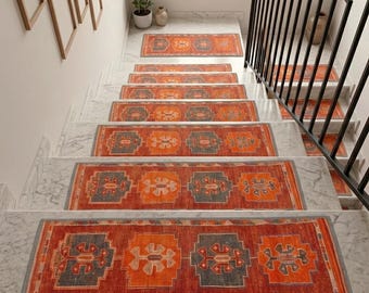 Orange Kilim Pattern Step Mats | Pet Friendly Stair Pads | Southwestern Treads
