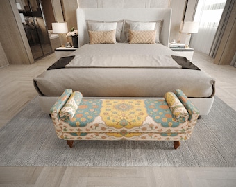 Pastel Botanical Front Foyer Waiting Bench | Blue Yellow Bedroom Reading Loveseat