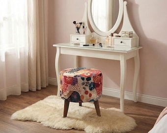 Mehrfarbiger Boho-Pouf mit Blumenmuster | Sitzgelegenheit für den Schminktisch | Botanischer Holzhocker