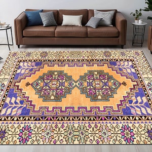 Hippie rug, Oriental rug, Bohemian rug, Turkish pattern rug, Rug with purple, Coastal rug, Hall rug, Laundry rug, Washable rug, Floor rug