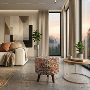 Pouf arancione, Pouf Boho, Seduta comoda, Pouf di design orientale, Poggiapiedi rotondo, Sedia con seduta morbida, Tavolino ottomano, 304-02