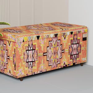 Orange tribal ottoman storage, Functional ottoman bench, Elegant storage bench, Comfortable bench, Gift for her, Upholstered trunk, 330-04