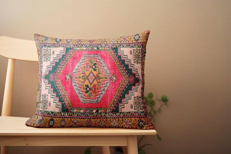 Kissen mit Ethno-Motiv, rosa Kissenbezug, Ottomanenkissen, Retro-Kissenbezug, waschbares Kissen, Nackenkissenbezug, weicher Kissenbezug, Bodenkissen Bild 2