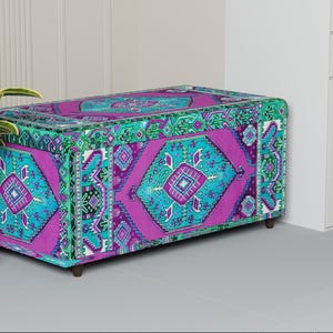 Vintage pattern bench, Purple blue trunk, Handmade storage, Unique home decor, Kitchen organizer, Dressing bench, Daily use bench, 129-02