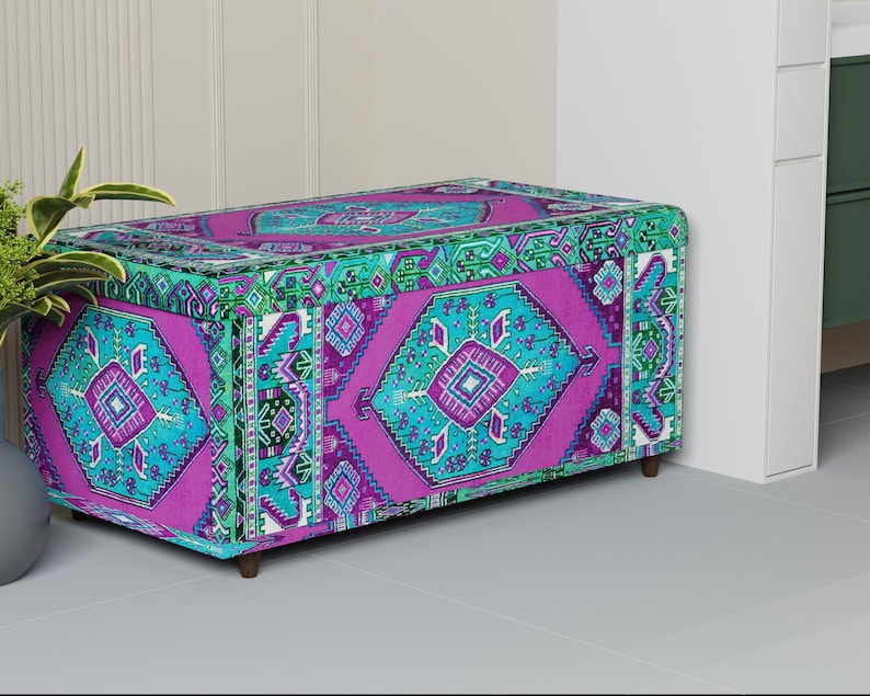 Vintage pattern bench, Purple blue trunk, Handmade storage, Unique home decor, Kitchen organizer, Dressing bench, Daily use bench, 129-02