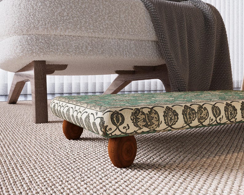 Footrest With Wooden Legs, Floral Pattern Footstool, Minimalist Design ...