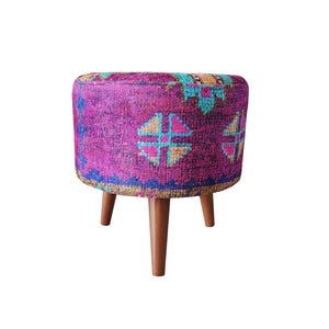 Colorful Boho Makeup Stool – Round Kilim Ottoman Pouf with Wood Legs – Handmade Footstool for Vanity or Living Room Decor, 142-01