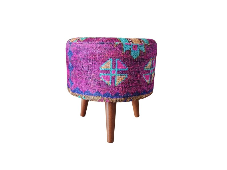 Colorful Boho Makeup Stool – Round Kilim Ottoman Pouf with Wood Legs – Handmade Footstool for Vanity or Living Room Decor, 142-01