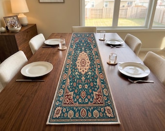 Teal Coral Medal Table Runner | Entryway Console Scarf | Southwestern Home Accent