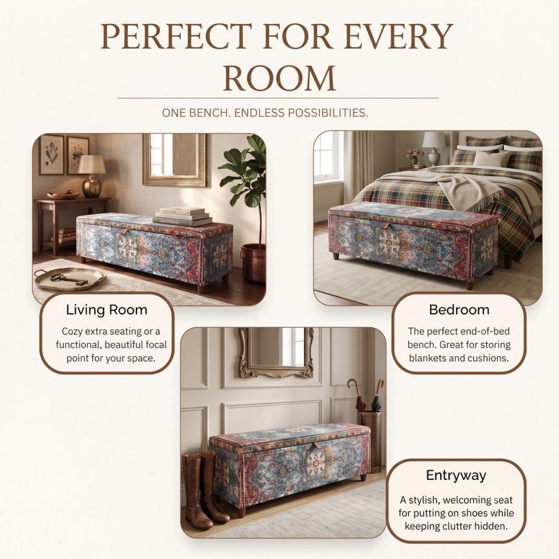 The image is a collage of three photos showcasing different types of furniture and decor items, including a bench, a bed, and a doorway.