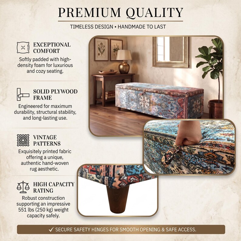 The image is a collage of three photos showcasing a premium quality sofa with a focus on its design, materials, and features.