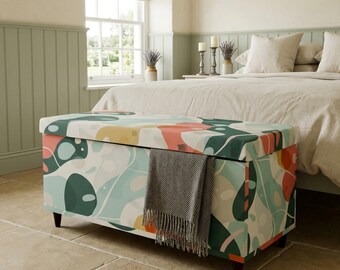 Banco de almacenamiento tapizado con estampado de hojas en tonos pastel / Baúl para mantas de dormitorio / M-100