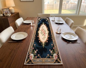 Navy Floral Cameo Table Runner | Console Table Mat | Southwestern Home Accent
