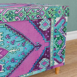 Vintage pattern bench, Purple blue trunk, Handmade storage, Unique home decor, Kitchen organizer, Dressing bench, Daily use bench, 129-02