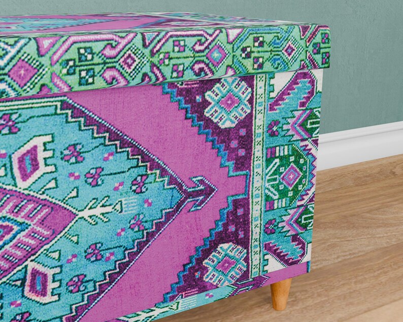 Vintage pattern bench, Purple blue trunk, Handmade storage, Unique home decor, Kitchen organizer, Dressing bench, Daily use bench, 129-02