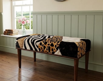 Zebra Leopard Safari Fußhocker | Schminktisch Hocker | Eklektischer Holz Pouf