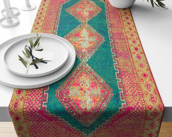 Vibrant Rug Runner, Aristocratic Table Accents, Designer Chenille Table Scarf, Coffee Table Sheet, Ikat Dining Table Protection, Side Runner