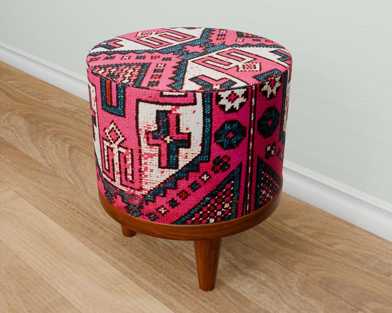 Vibrant pink bench, Doorway seating, Window front stool, Round french table, Ottoman organizer, Make up pouf, Vanity round seat, 280-02