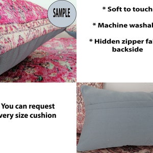 May include: A close-up of a pink and white patterned cushion with a gray zipper. The cushion is soft to the touch and machine washable. The text "SAMPLE" is visible in the image. The text "You can request every size cushion" is also visible in the image.