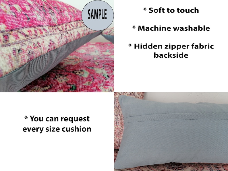 May include: A close-up of a pink and white patterned cushion with a gray zipper. The cushion is soft to the touch and machine washable. The text "SAMPLE" is visible in the image. The text "You can request every size cushion" is also visible in the image.