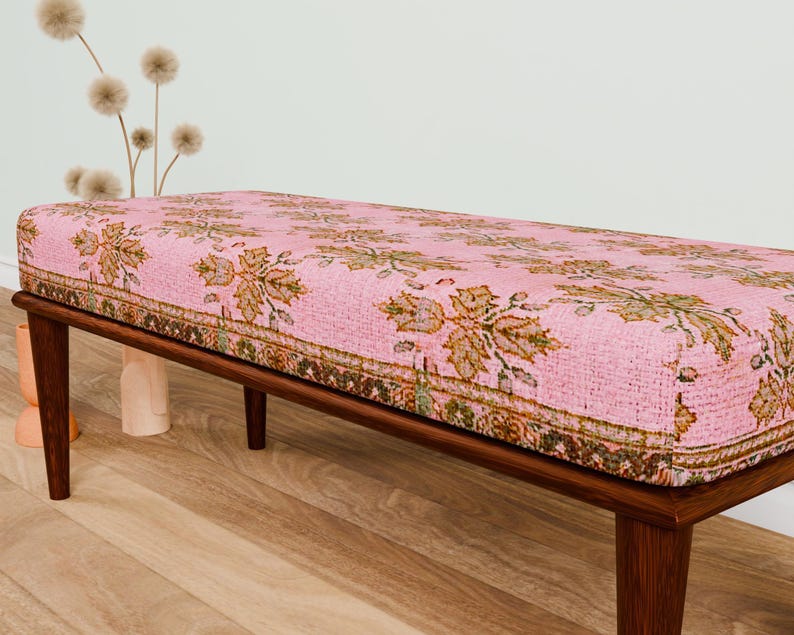Pink oriental bench, Comfort bench, End of bed bench, Handmade bench, Livingroom bench, Makeup bench, Home decor bench, Kitchen seat, 337-01