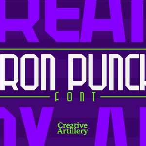 Könnte beinhalten: Ein Grafikdesign für eine Schriftart namens "Iron Punch" von Creative Artillery. Die Schriftart wird in Weiß auf einem violetten Hintergrund mit grünen Akzenten angezeigt.