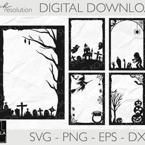 May include: Set of four black and white Halloween themed SVG cut files. The frames feature a graveyard, a witch flying on a broomstick, a spider web, and a spooky house.