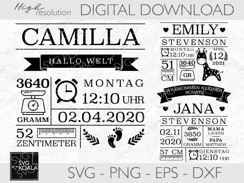 Metric Baby Stats Bundle SVG Baby Geburtsankündigung Vorlage Babyparty Geburts-Statistiken svg Baby Andenken Plotterdatei Geburt Bild 1