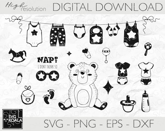 May include: Black and white digital clipart set of baby items, including a teddy bear, baby clothes, a rattle, a pacifier, a bib, and a rocking horse. The text "NAP! I don't think so" is included in the set.