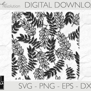 May include: Black and white digital download of a seamless pattern featuring a repeating design of stylised leaves. The pattern is suitable for crafting, scrapbooking, and other creative projects.