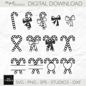 May include: A set of ten black and white digital clipart images of candy canes with bows, hearts, and other designs. The images are suitable for use in crafting projects, scrapbooking, and digital design.