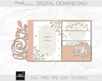Modello di invito floreale 5x7 / Invito di nozze con rose in formato SVG / Invito a tre ante per Cricut / Invito per Cricut / Taglio laser
