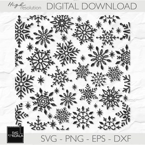 May include: Black and white digital download of a pattern of snowflakes. The snowflakes are drawn in a hand-drawn style and are arranged in a repeating pattern. The text "SVG - PNG - EPS - DXF" is at the bottom of the image.