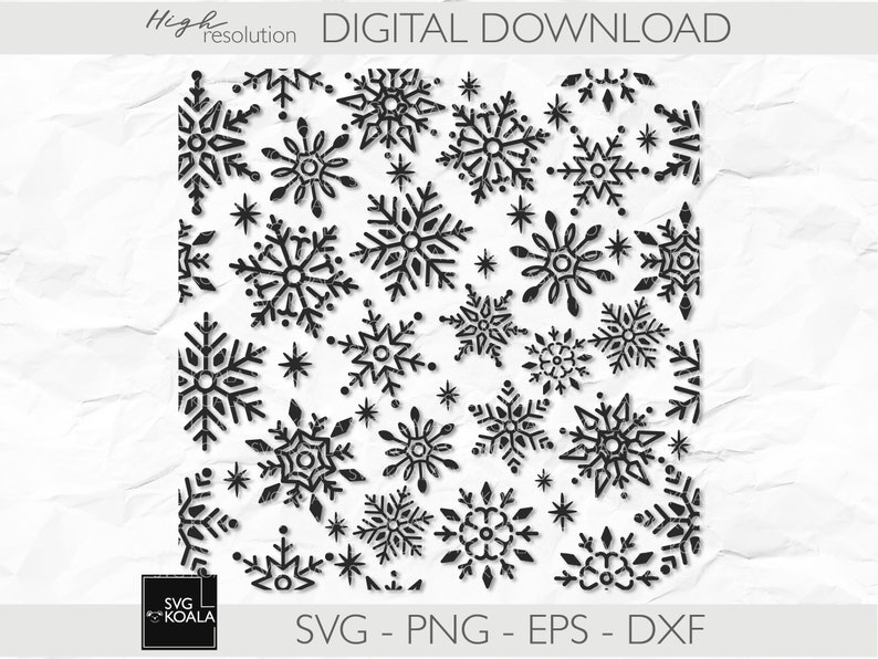 May include: Black and white digital download of a pattern of snowflakes. The snowflakes are drawn in a hand-drawn style and are arranged in a repeating pattern. The text "SVG - PNG - EPS - DXF" is at the bottom of the image.