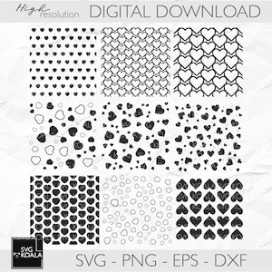 Puede incluir: Conjunto de ocho patrones de corazones en blanco y negro. Los patrones incluyen corazones de diferentes tamaños y orientaciones. Los patrones son perfectos para manualidades, scrapbooking y otros proyectos creativos.