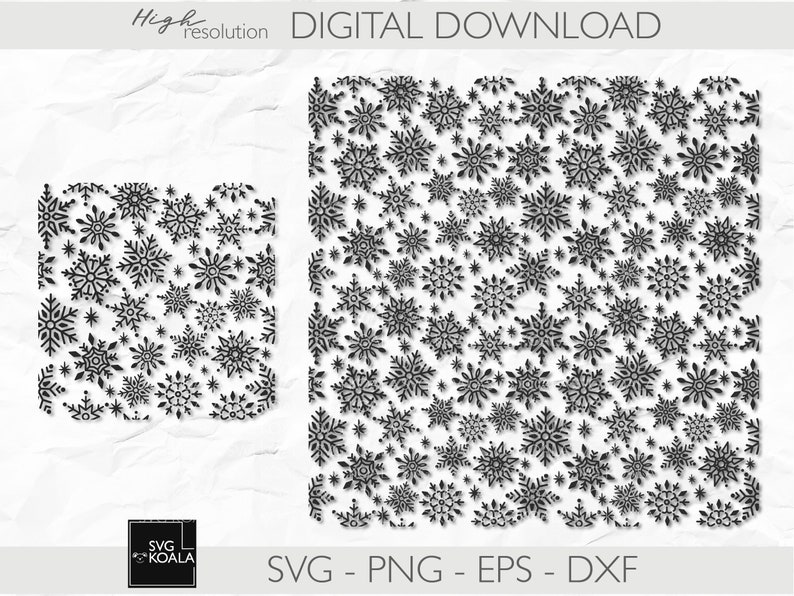 May include: A digital download of a black and white snowflake pattern. The pattern is made up of many different snowflakes, all of which are drawn in a simple, hand-drawn style. The pattern is perfect for use in crafting projects, scrapbooking, or as a background for digital designs. SVG - PNG - EPS - DXF