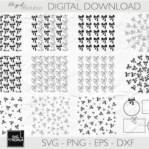 Op de afbeelding: Een digitale download van 10 zwart-witte strikpatronen. De patronen omvatten een verscheidenheid aan strikvormen en -maten en zijn perfect voor gebruik in knutselen, scrapbooking en andere creatieve projecten.
