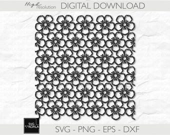 May include: Black and white digital download of a repeating pattern of stylized flowers. The pattern is suitable for use in crafting projects, such as cutting, etching, or engraving.