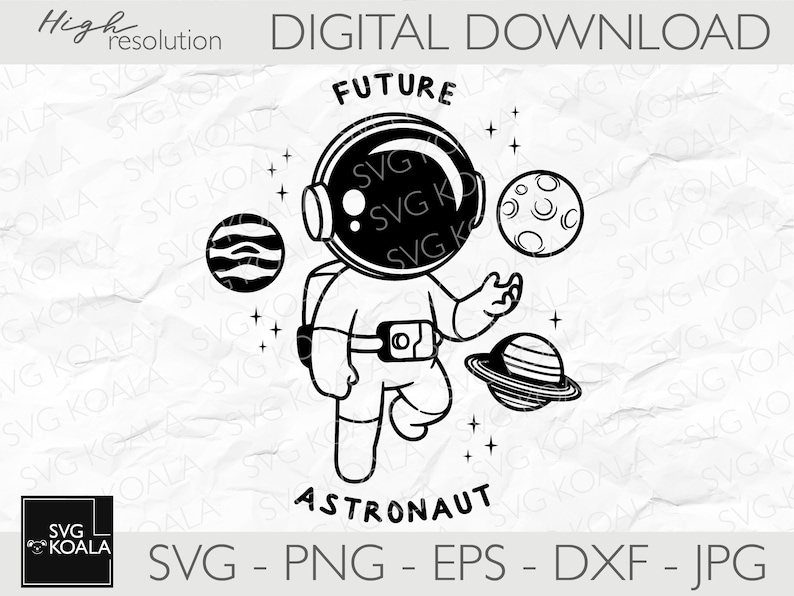 Puede incluir: Ilustraci&oacute;n en blanco y negro de un astronauta con un traje espacial y un casco. El astronauta sostiene un peque&ntilde;o planeta en su mano. El texto "FUTURE ASTRONAUT" est&aacute; escrito debajo del astronauta. Hay tres planetas en el fondo.
