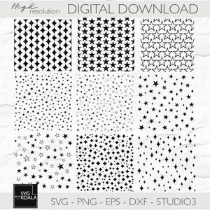 May include: A set of nine digital seamless patterns featuring black and white stars and diamonds. The patterns are perfect for scrapbooking, card making, and other crafting projects.