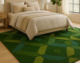 Hand Tufted New Zealand Wool Geometric Rug, Modern Green Area Rug