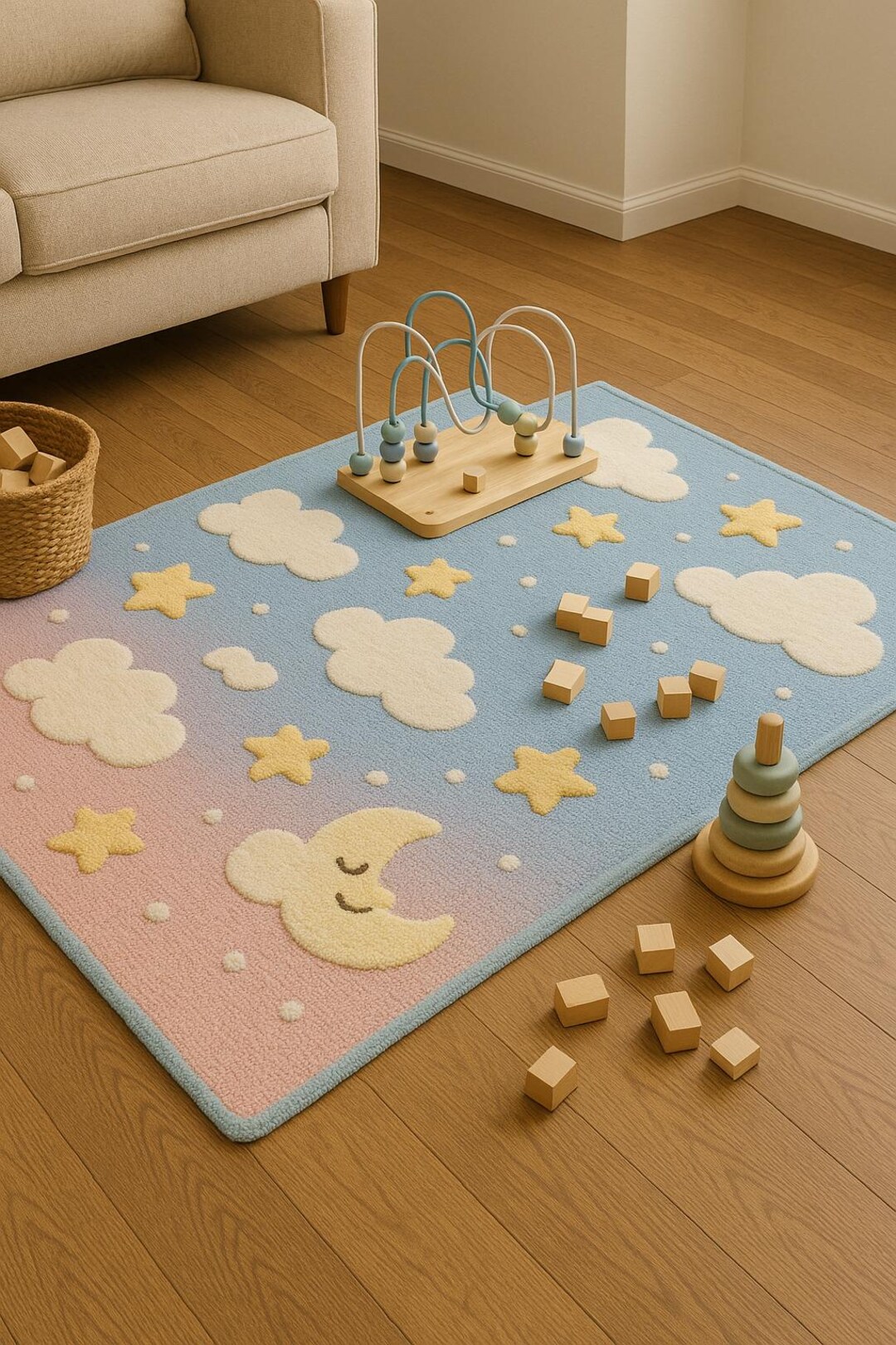 Abstract Tufted Wool Moon & Stars Rug, Nursery Baby Room Cloud Soft ...