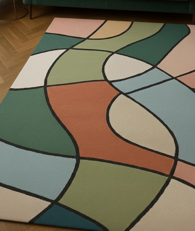 Modern Geometric Area Rug Curved Color Block Design Mid Century Style ...